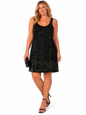 Teri Jon Rickie Freeman Silk Blend Black Green Velvet Burnout Dress 16